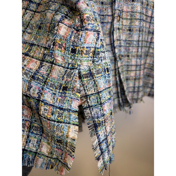 mnml Raw Edge Flannel Shirt Jacket Blue White Plaid Tweed Frayed Hem Men's L - Picture 6 of 8